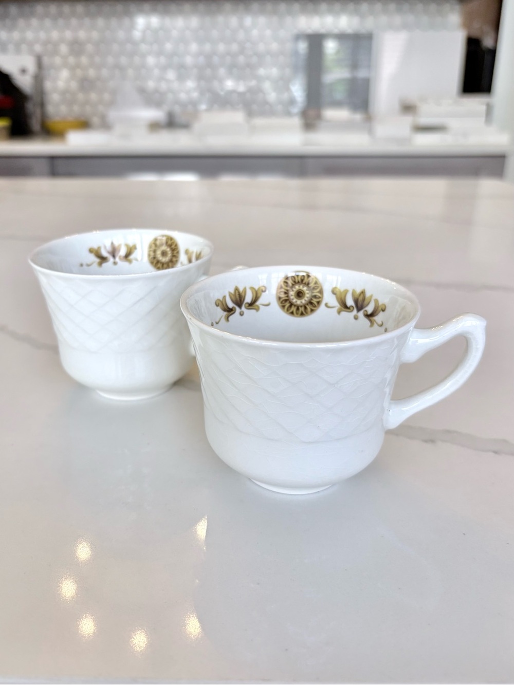 VTG Set of 2 English Porcelain Quited White Tea Cups, Made in England